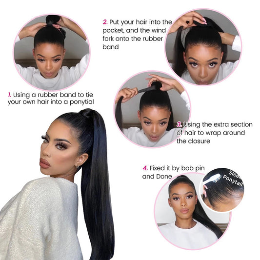 Natural Black Velcro Ponytail Straight