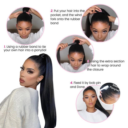 Natural Black Velcro Ponytail Straight