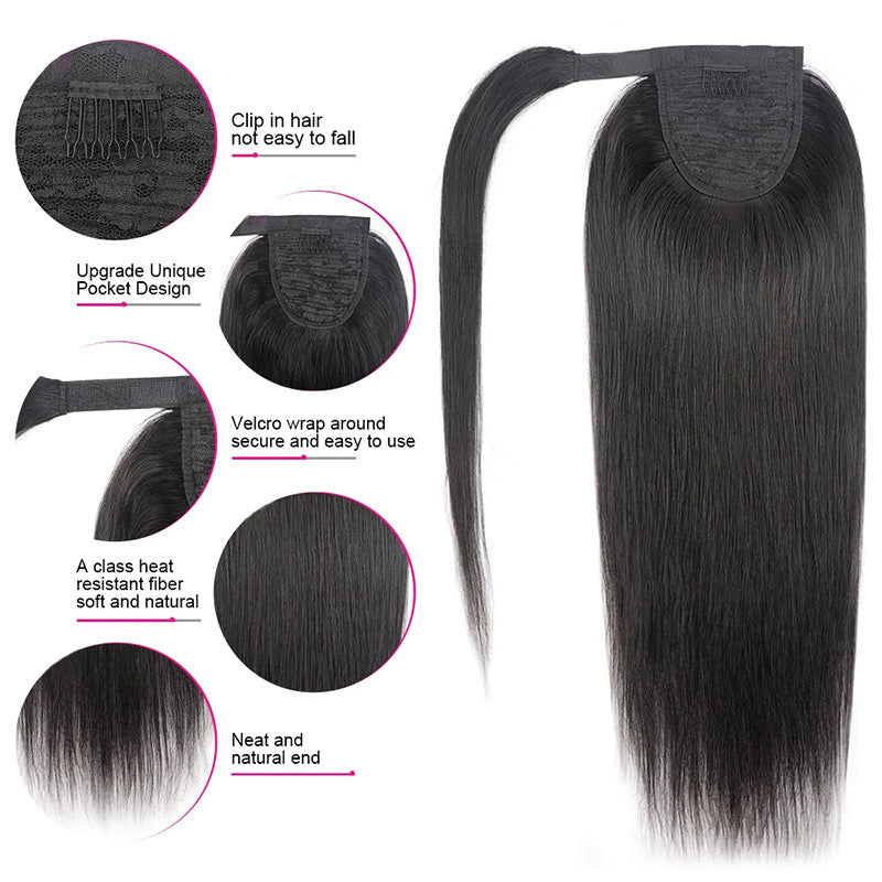 Natural Black Velcro Ponytail Straight