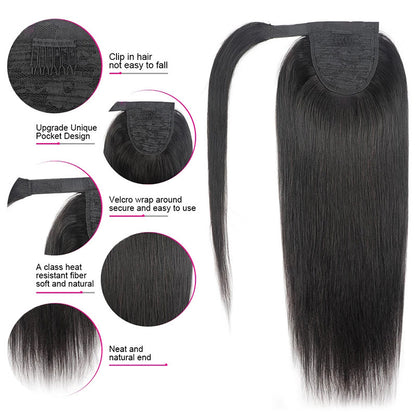 Natural Black Velcro Ponytail Straight