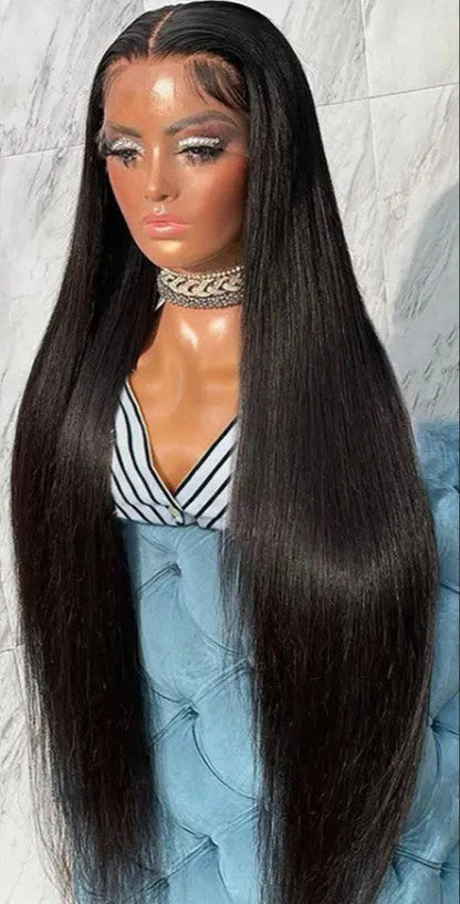 Real Human Hair Lace Wig Set Straight Hair Black Medium Length