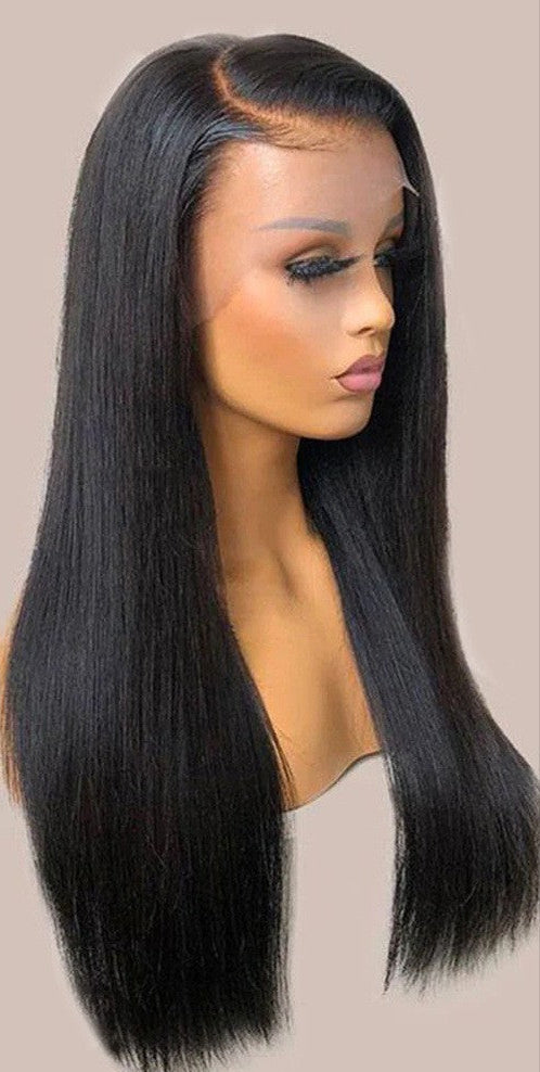 Real Human Hair Lace Wig Set Straight Hair Black Medium Length